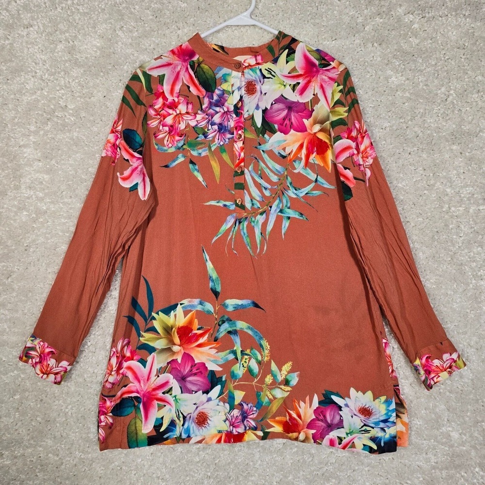 Soft Surroundings Tropical Floral Blouse Womens L Orange Tunic Boho Coastal